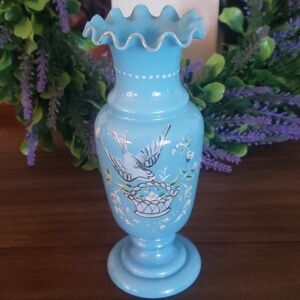 Antique hand blown painted baby blue Bristol glass enamel enameled vase urn